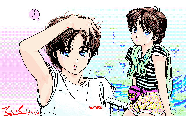 1990s_(style), 1girl, adjusting_hair, archived_source, arm_support, arm_up, armpits, arms_at_sides