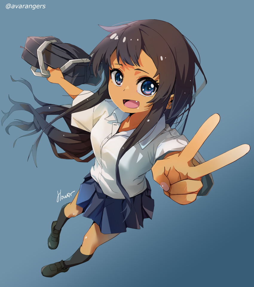 1girl, absurdres, artist_name, avarangers, bag, black_hair, black_shoes, black_socks