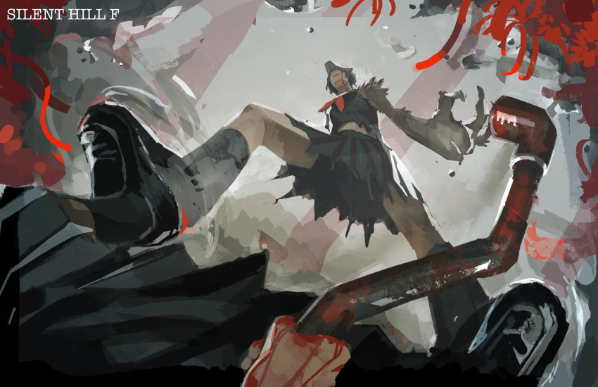 barley_juice, black_serafuku, black_shoes, black_skirt, bleeding, blood, blood_from_eyes, blood_on_hands, blood_on_weapon, claws, commentary, different_reflection, dual_persona, english_commentary, fighting_stance, flower, fox_hinako, fox_mask, highres, holding, holding_lead_pipe, lead_pipe, lower_body, mask, mismatched_arms, monster_arm, pov, puddle, reflection, school_uniform, serafuku, shimizu_hinako, shoes, silent_hill_(series), silent_hill_f, skirt, spider_lily, standing, torn_clothes, torn_sleeve, weapon