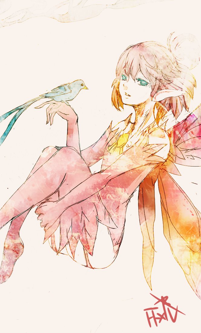 1other, aqua_eyes, bird, bird_on_hand, blue_bird, commentary_request, copyright_name, elbow_gloves