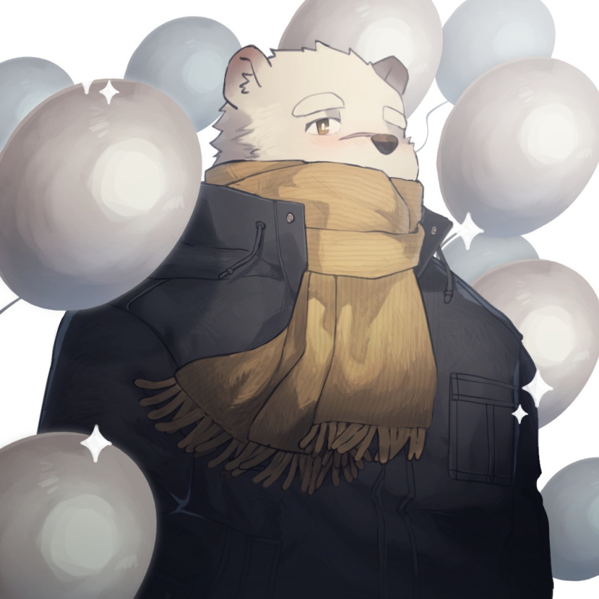 1boy, balloon, batten_xxxx, bear, bear_boy, black_coat, bright_pupils, brown_scarf