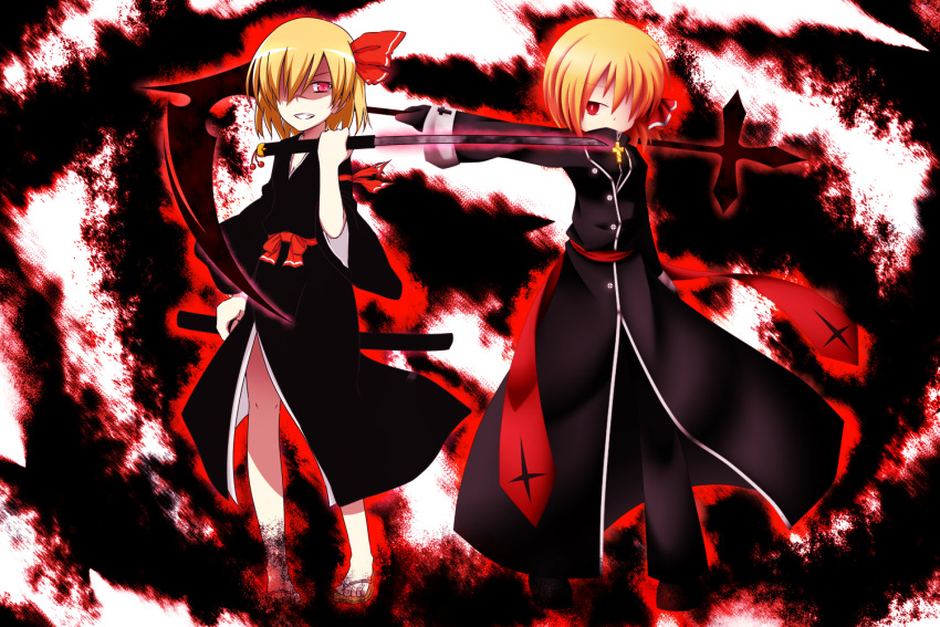 blonde_hair, cross, dark495, dual_persona, grin, hair_ribbon, japanese_clothes, katana