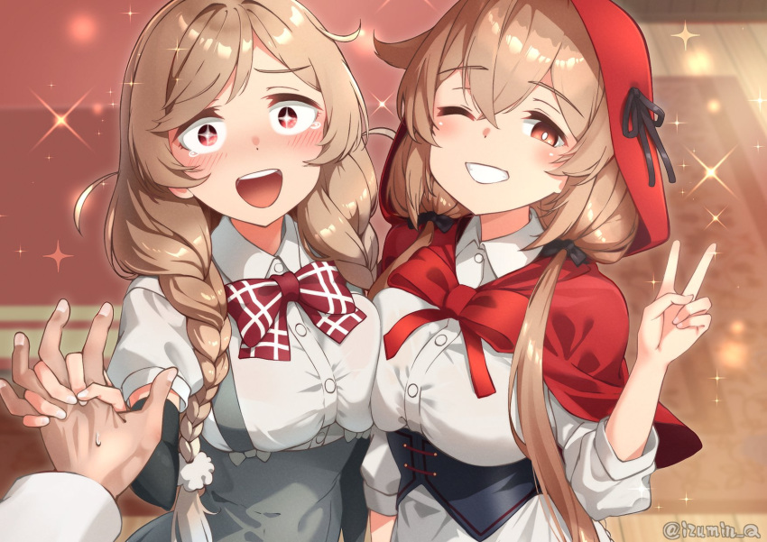 +_+, 1other, 2girls, arm_warmers, asymmetrical_docking, bow, bowtie, braid