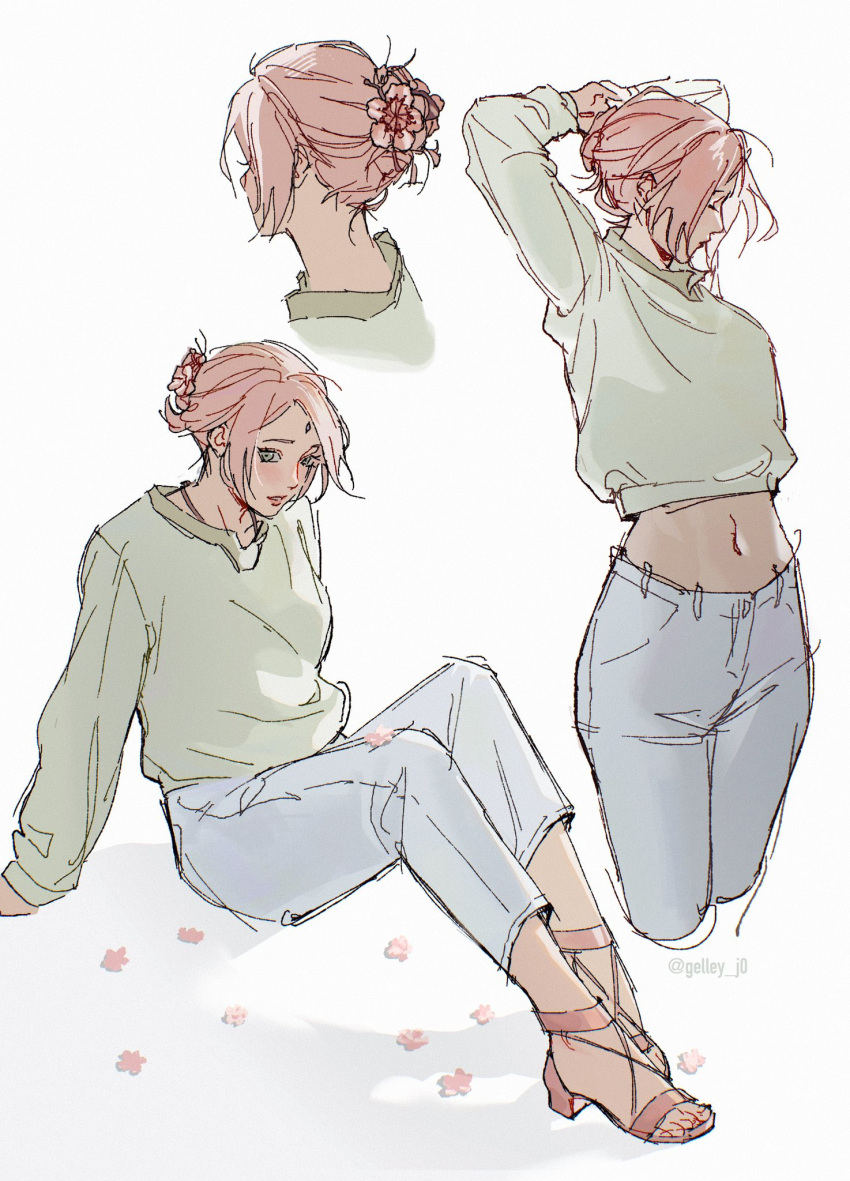 1girl, arms_behind_head, blue_pants, breasts, closed_eyes, commentary, cowboy_shot, cropped_legs