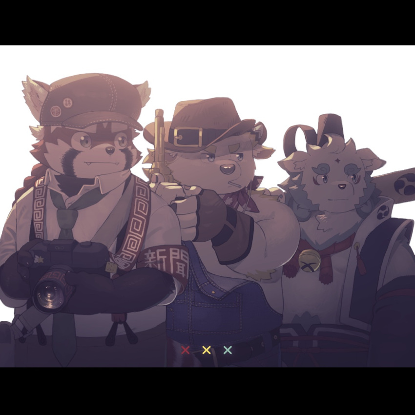 3boys, agyo_(housamo), batten_xxxx, bell, braid, camera, cigarette, cu_sith_(housamo)