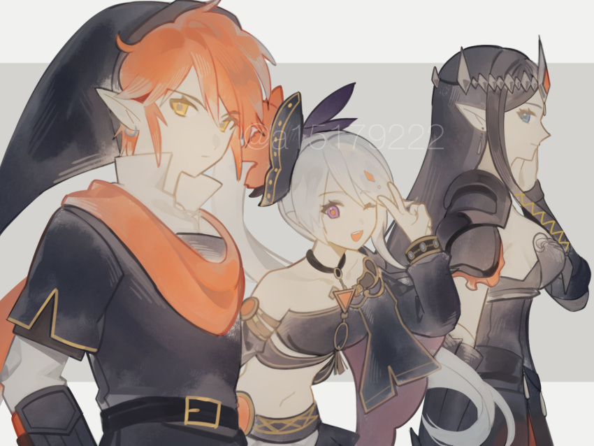 1boy, 2girls, a15179222, alternate_color, armor, bandeau, bare_shoulders, belt