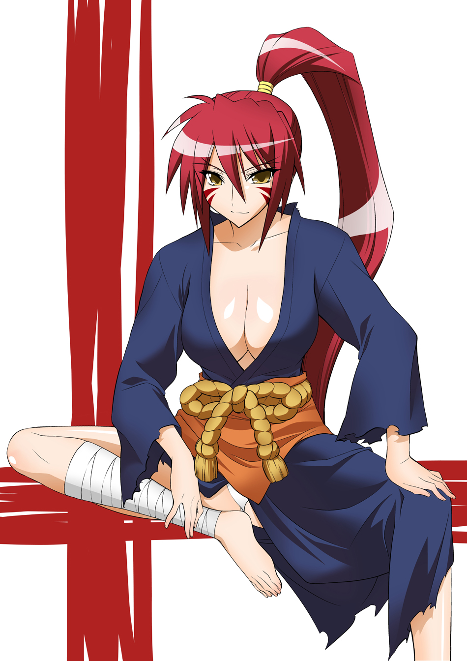 breasts, cleavage, feet, highres, koishikawa, long_hair, oda_nobunaga_(sengoku_otome), ponytail