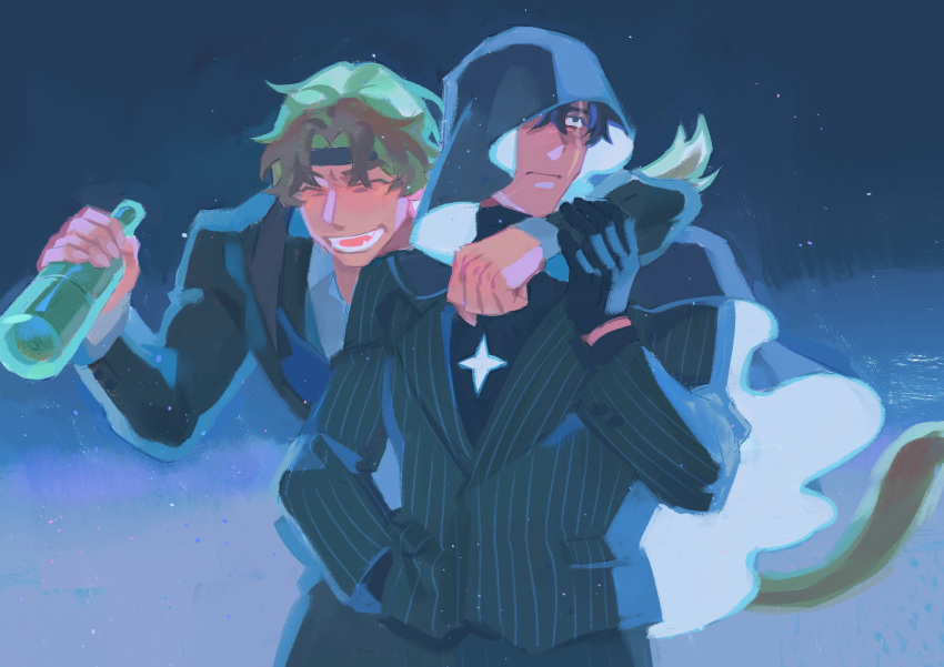 2boys, arm_around_neck, black_gloves, black_hair, black_shirt, blonde_hair, bottle, cloak