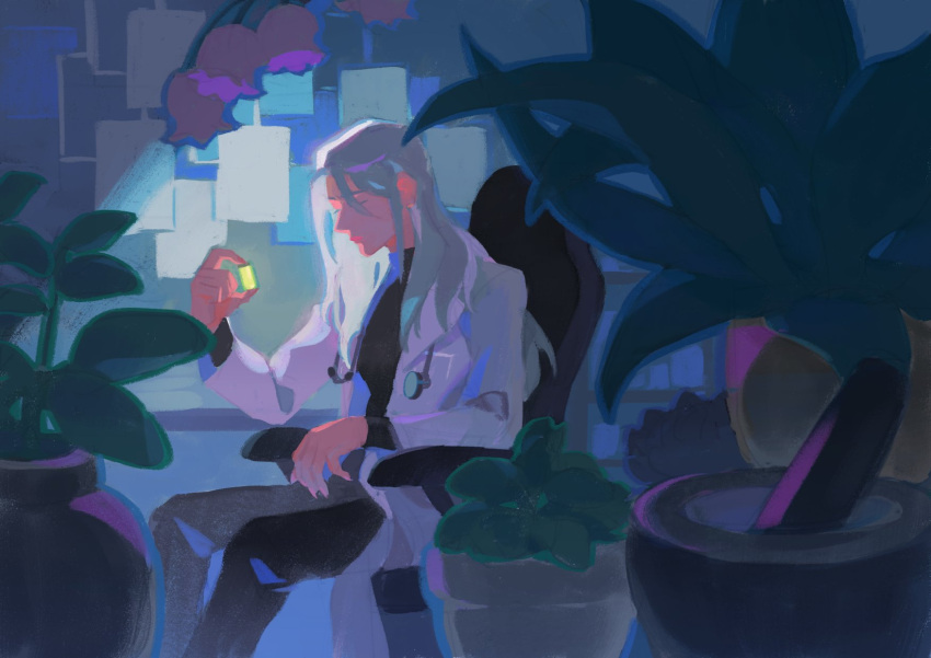 1girl, black_shirt, chair, coat, elbow_rest, faceless, feet_out_of_frame, flower