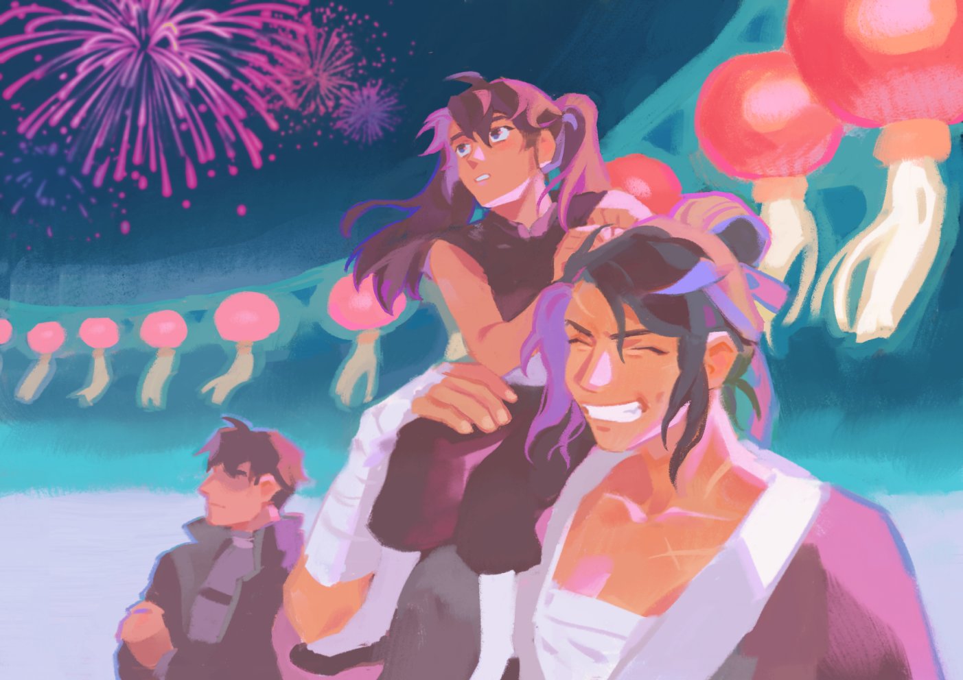 1boy, 2girls, aerial_fireworks, backlighting, bandaged_arm, bandages, black_coat, brother_and_sister