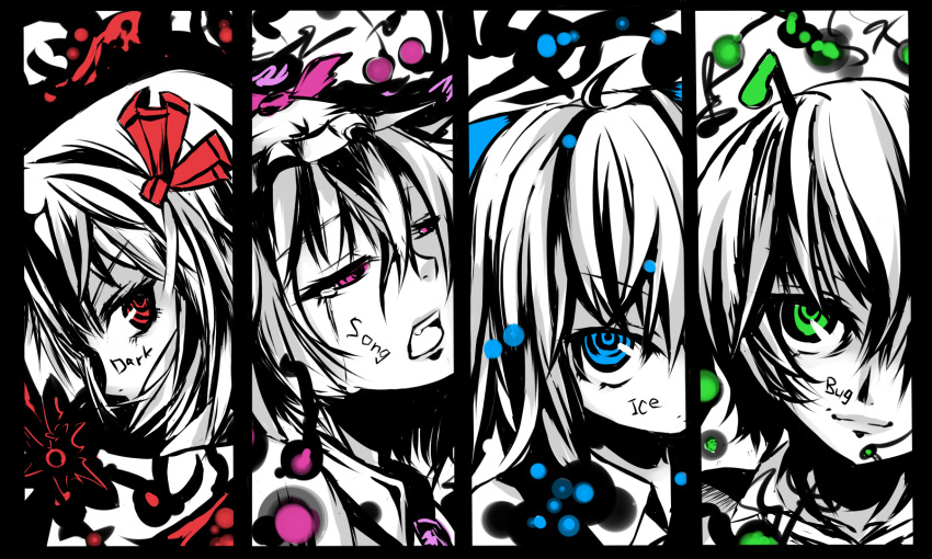 cirno, column_lineup, english, face, highres, monochrome, multiple_girls, mystia_lorelei, naoki7033, rumia, team_9, touhou, wriggle_nightbug, youkai