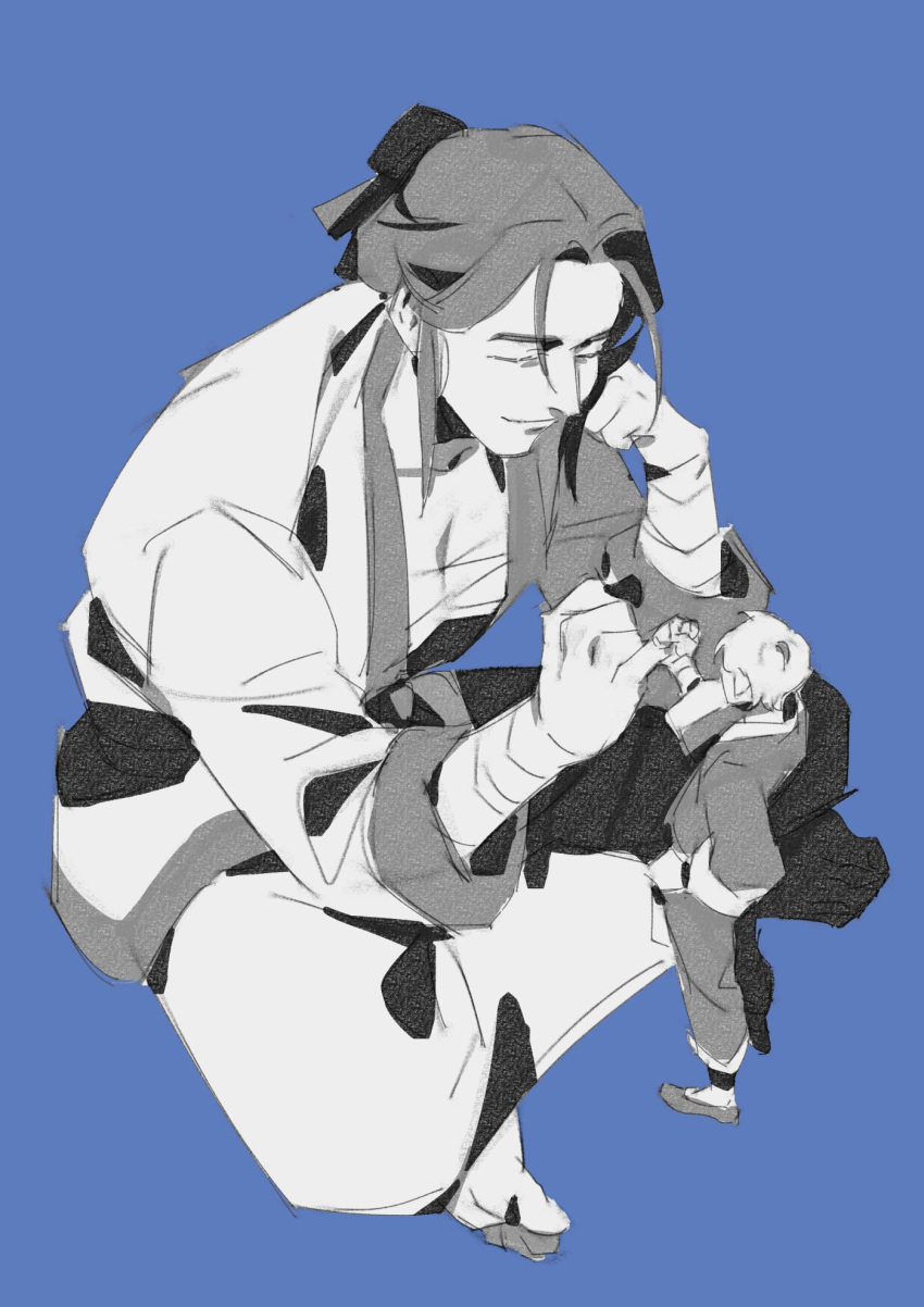 2girls, crossed_legs, full_body, giant, giantess, greyscale_with_colored_background, hair_bun, hair_ribbon