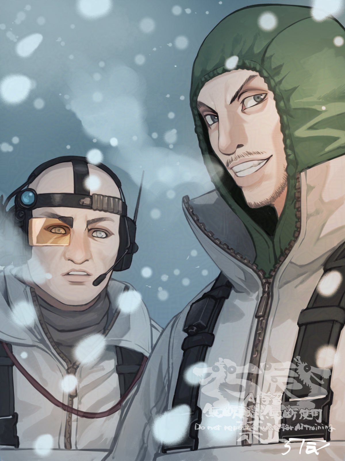 2boys, 5tatsu, artist_name, bald, coat, commentary_request, facial_hair, green_hoodie