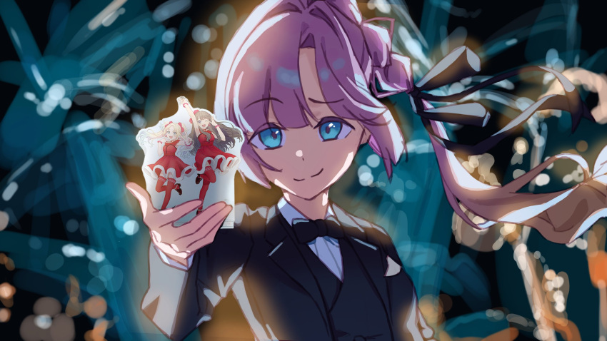 1girl, acrylic_stand_(object), aerial_fireworks, anyoji_hime, black_bow, black_bowtie, black_jacket, black_ribbon