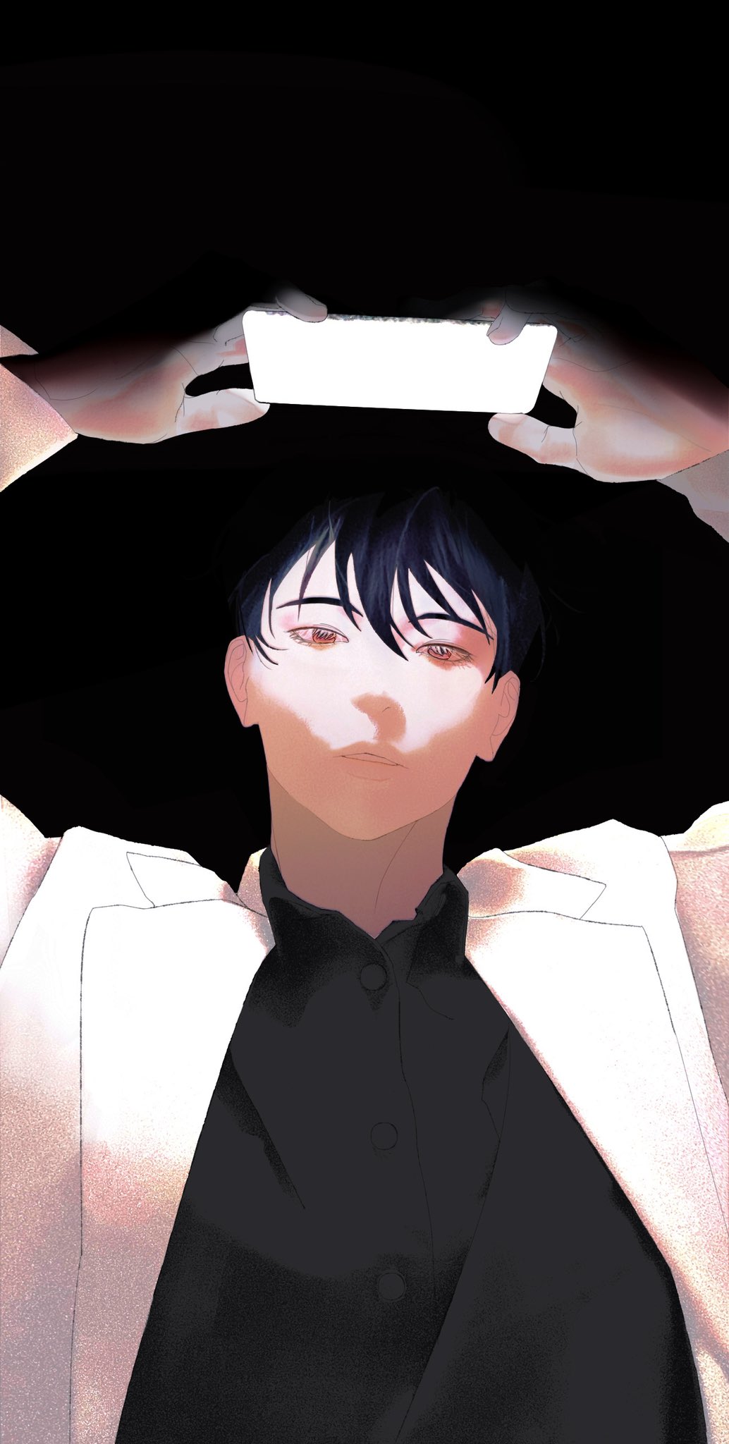 1boy, arms_up, black_eyes, black_hair, black_shirt, coat, collared_shirt, commentary