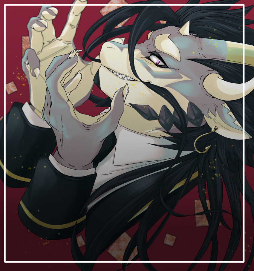 1boy, black_hair, claws, commentary_request, fish_hook_earrings, furry, furry_male, fuxi_(housamo)
