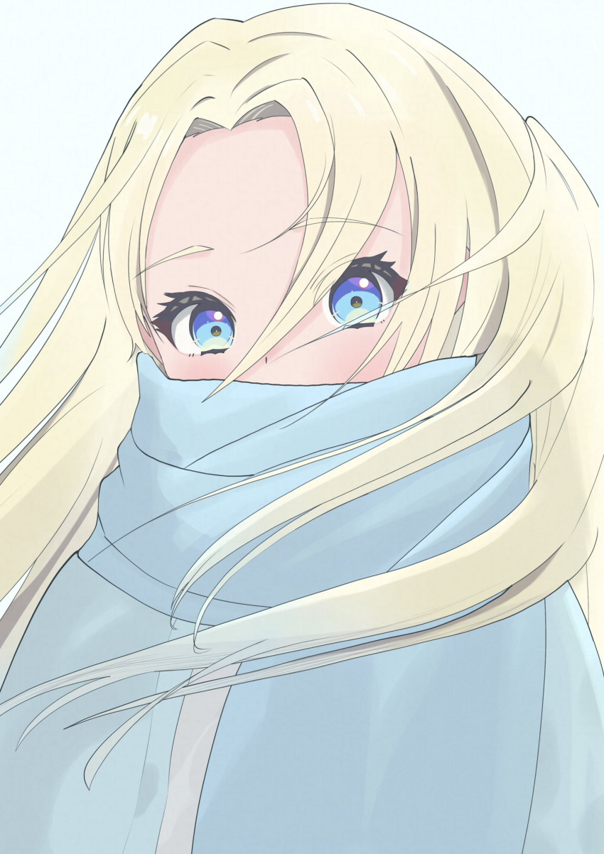 1girl, blonde_hair, blue_background, blue_eyes, blue_jacket, blue_scarf, commentary, curtained_hair