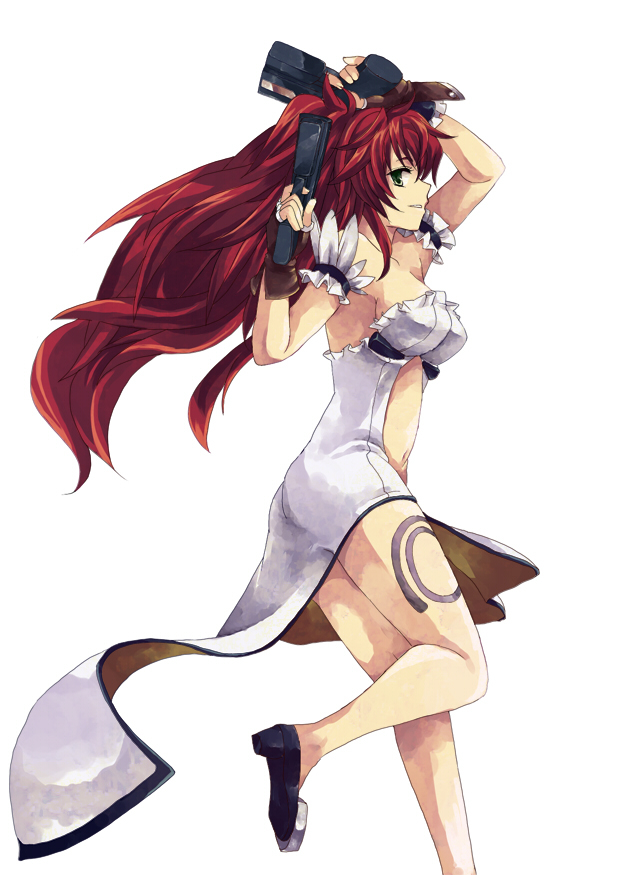 breasts, cleavage, dual_wielding, fingerless_gloves, gloves, green_eyes, gun, hide38, himeki_luna, leg_up, legs, long_hair, navel, red_hair, redhead, simple_background, solo, tattoo, thighs, vanguard_princess, weapon