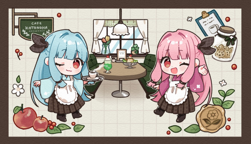 2girls, ;3, ;d, apple, apron, binchou_maguro, black_boots, black_ribbon