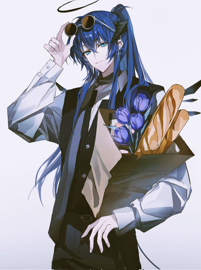 1girl, alternate_costume, arknights, bag, baguette, black_pants, black_vest, blue_eyes