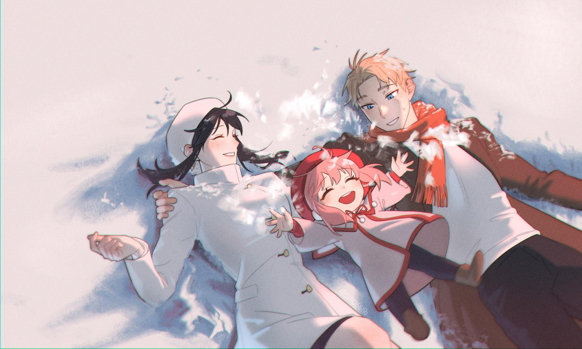 1boy, 2girls, adoptive_parent_and_adoptive_child, anya_(spy_x_family), artist_name, black_hair, blonde_hair, blue_eyes