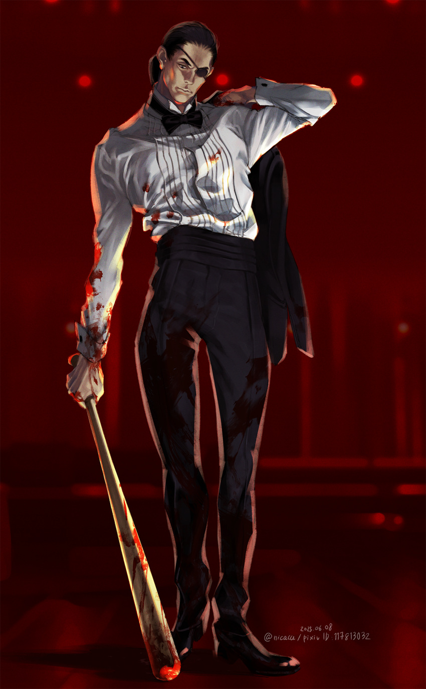 1boy, baseball_bat, black_hair, blood, blood_on_clothes, blood_on_hands, blood_on_weapon, bow