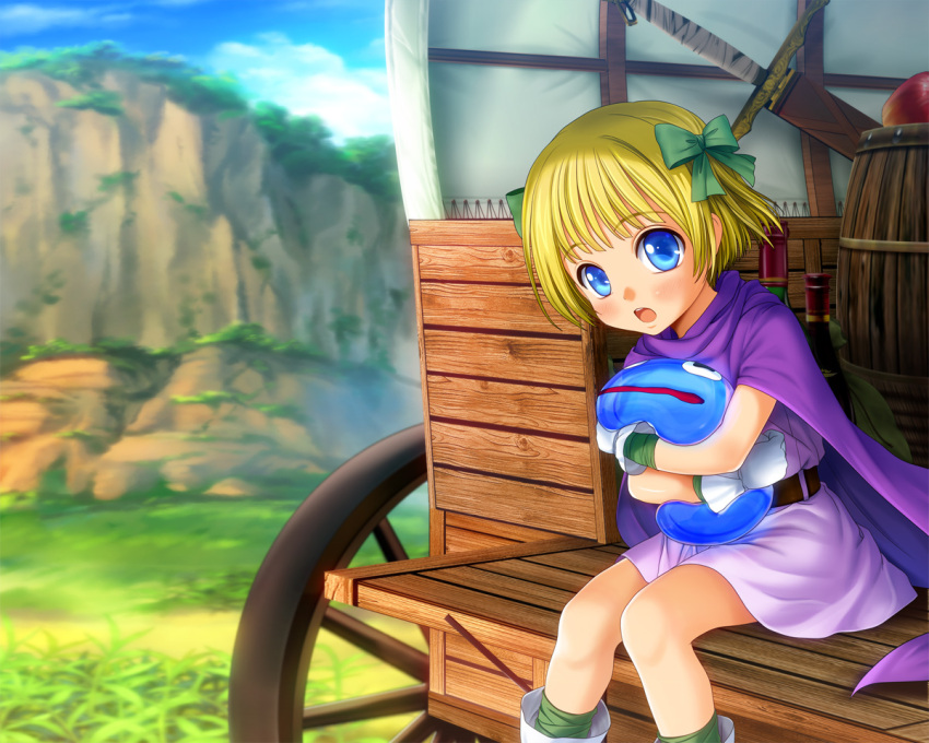 bianca's_daughter, bianca's_daughter, blonde_hair, blue_eyes, blush, boots, bow, cape, child, dragon_quest, dragon_quest_v, gloves, hair_bow, hug, mutsuki_(moonknives), open_mouth, short_hair, sitting, slime, wagon, wheel
