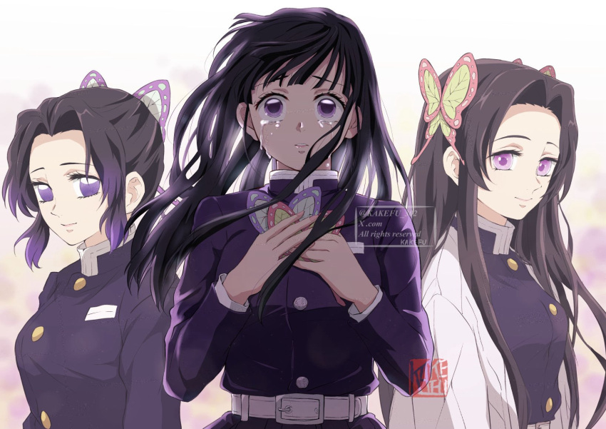 3girls, belt, black_hair, breasts, butterfly_hair_ornament, commentary_request, crying, demon_slayer_uniform, hair_ornament, hands_up, haori, highres, holding, japanese_clothes, kakefu_302, kimetsu_no_yaiba, kochou_kanae, kochou_shinobu, long_hair, long_sleeves, looking_at_viewer, multicolored_hair, multiple_girls, parted_bangs, pink_eyes, purple_hair, short_hair, simple_background, smile, tears, tsuyuri_kanao, two-tone_hair, violet_eyes, watermark, white_background, white_belt