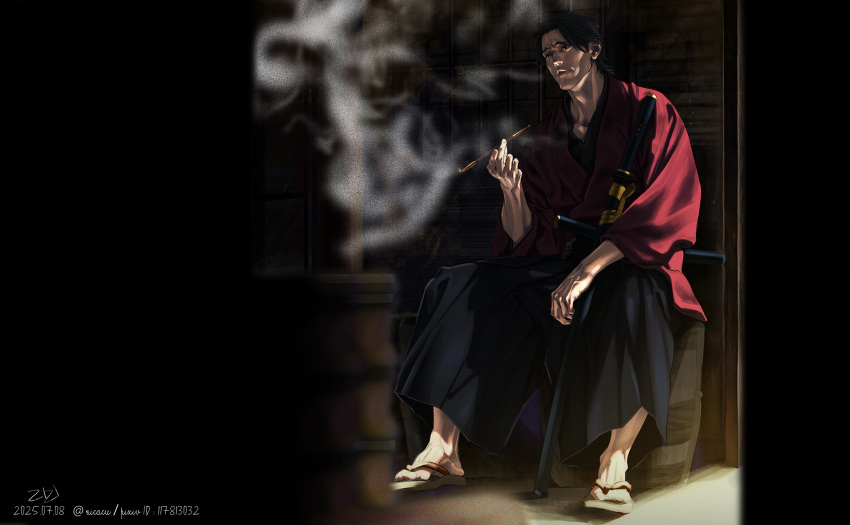 1boy, akiyama_shun, black_hair, commentary_request, geta, hakama, haori, highres