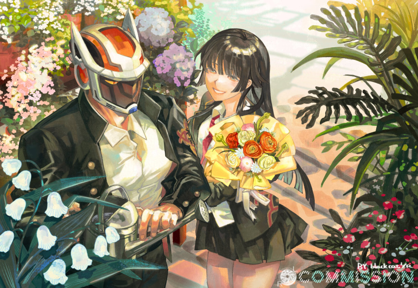 1boy, 1girl, algernon_(housamo), black_hair, black_jacket, black_skirt, blackcatlandr, bouquet