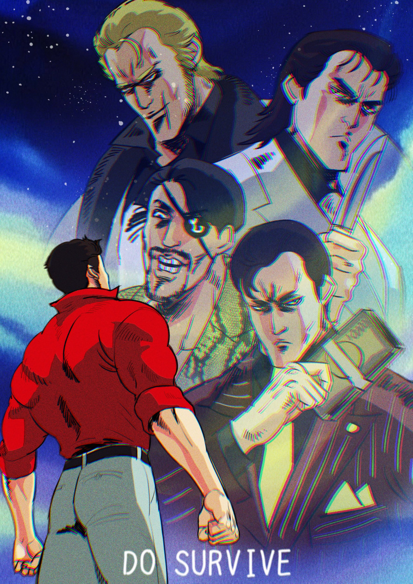 5boys, absurdres, beard, black_hair, blonde_hair, chromatic_aberration, eyepatch, facial_hair