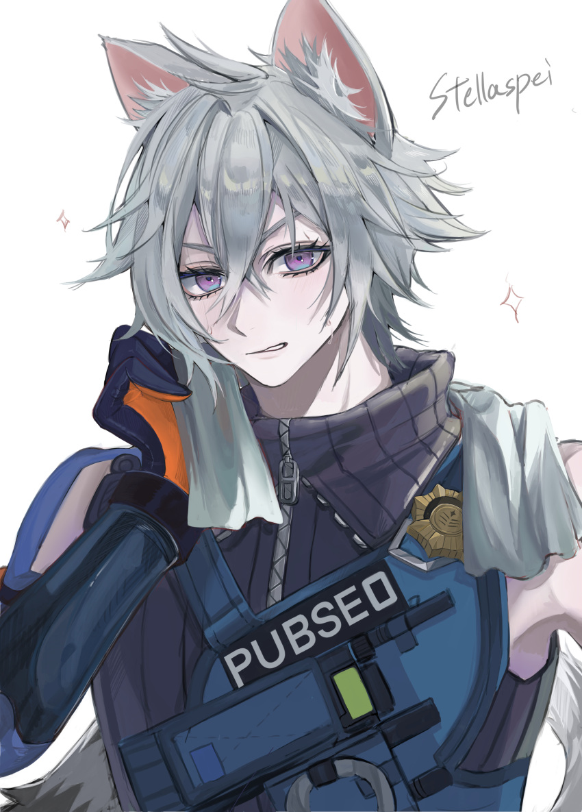1boy, absurdres, animal_ears, artist_name, cat_boy, cat_ears, cat_tail, commentary_request, gloves, hair_between_eyes, highres, jacket, male_focus, police, police_badge, police_uniform, policeman, revision, scar, scar_on_arm, seth_lowell, short_hair, sidelocks, simple_background, smile, solo, stellaspei, tail, white_hair, zenless_zone_zero