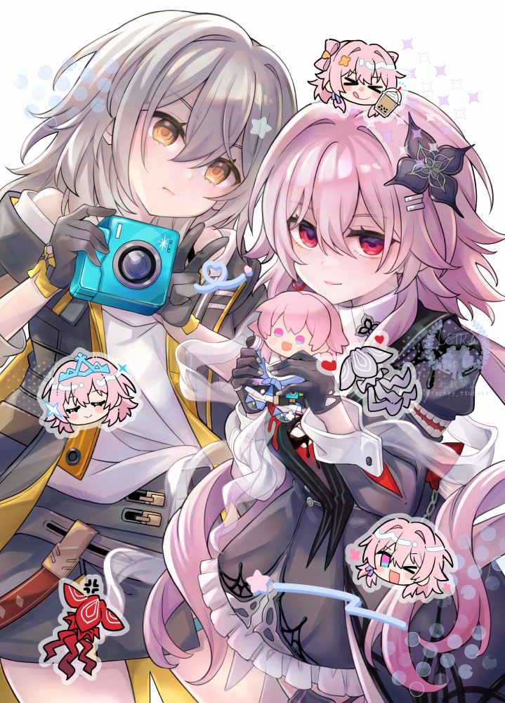 >_o, 2girls, anger_vein, black_gloves, black_jacket, bubble_tea, camera, character_doll