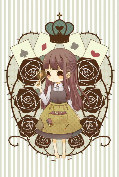 apron, bangs, barefoot, brown_hair, card, cards, dress, flower