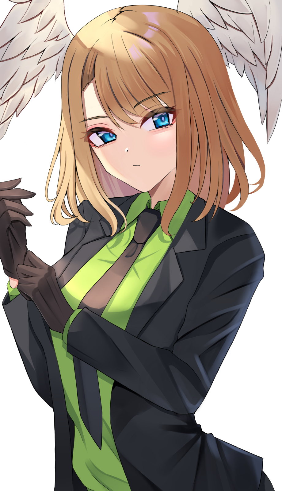 1girl, adjusting_clothes, adjusting_gloves, alternate_costume, black_jacket, black_necktie, blue_eyes, breasts