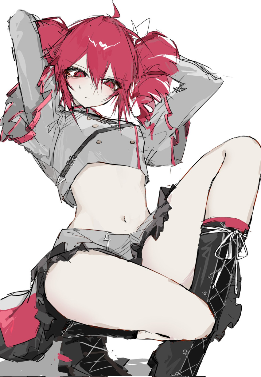 1girl, ahoge, boots, drill_hair, grey_jacket, grey_skirt, highres, jacket
