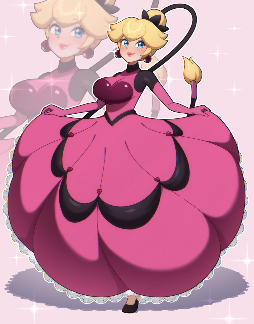 1girl, absurdres, black_shoes, blonde_hair, blue_eyes, breasts, dress, earrings, elbow_gloves, glint, gloves, hair_bun, highres, jewelry, kdtwifi, large_breasts, lipstick, long_dress, long_hair, looking_at_viewer, makeup, pink_dress, pink_gloves, princess_peach, shadow, shoes, solo, sphere_earrings, super_mario_bros., very_long_hair, zoom_layer