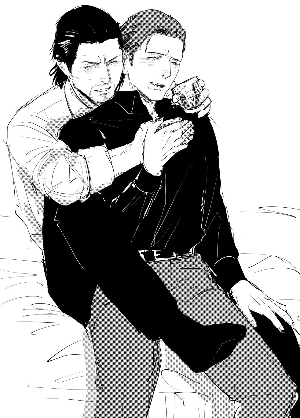 2boys, ahoge, alcohol, blush, commentary_request, dojima_daigo, dress_shirt, drinking