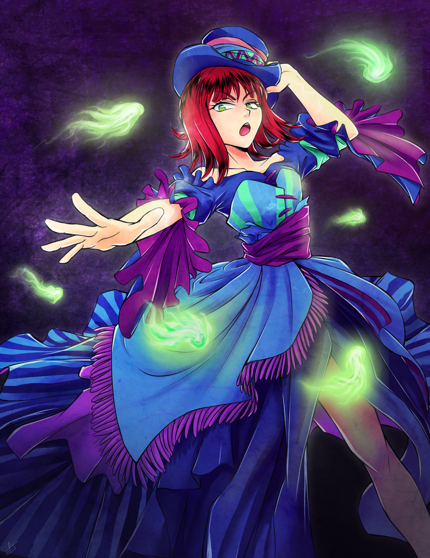 1girl, alternate_costume, blue_dress, blue_hat, breasts, commentary, cosplay, dress