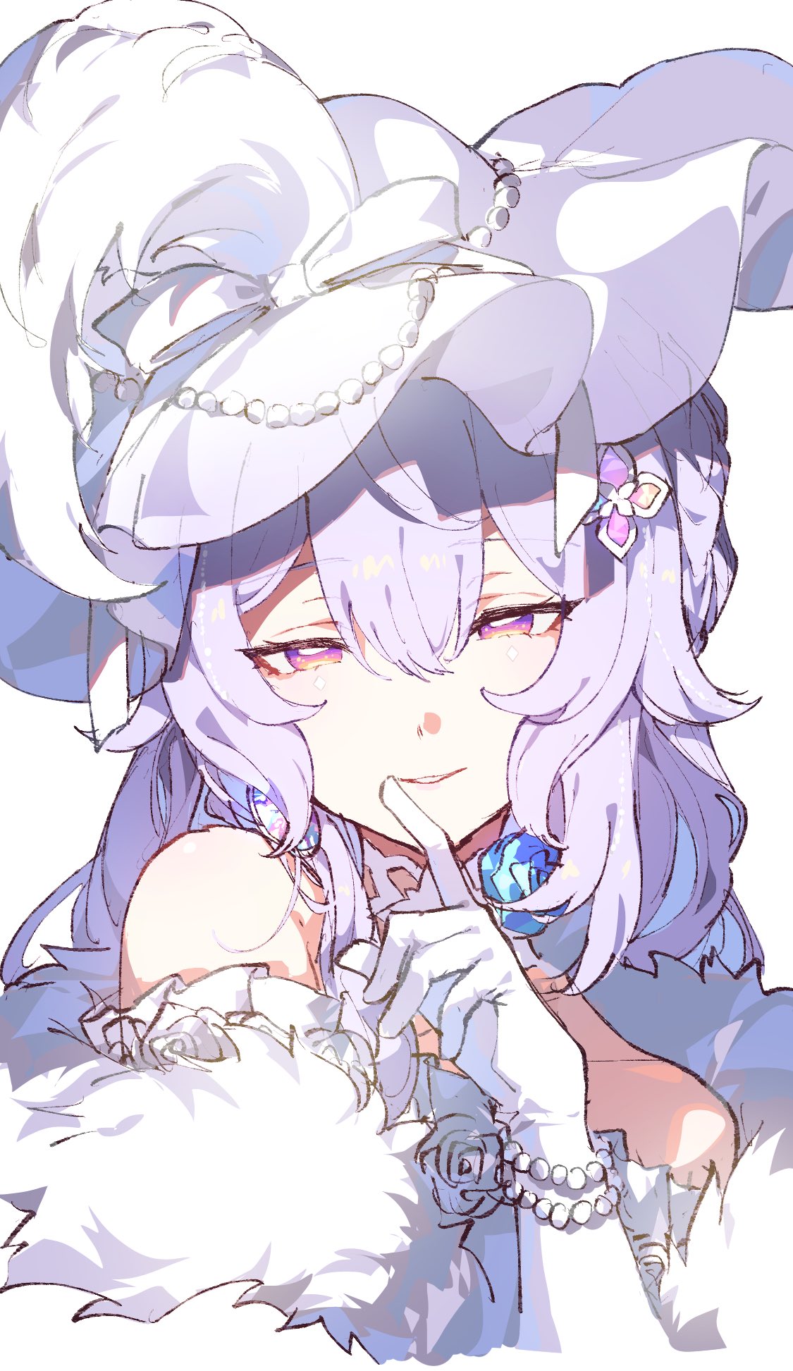 1girl, aktkskr, black_swan_(honkai:_star_rail), blue_flower, blue_rose, bow, bracelet, commentary_request
