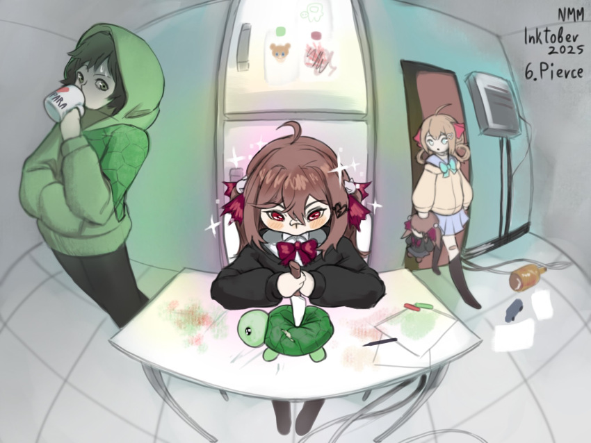 1boy, 2girls, ahoge, aqua_bow, aqua_bowtie, bandaid, bandaid_on_knee, bandaid_on_leg
