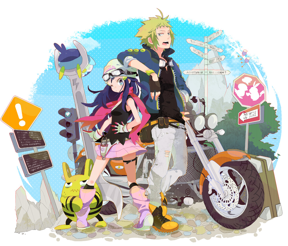 1boy, 1girl, blonde_hair, blue_eyes, blush, boots, denji_(pokemon), denzi_(pokemon)