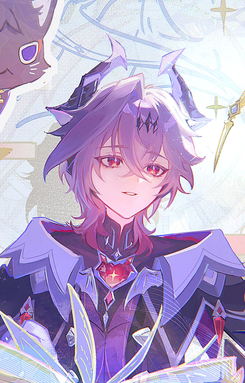 1boy, book, cat, dragon, dragon_boy, dragon_horns, gem, genshin_impact