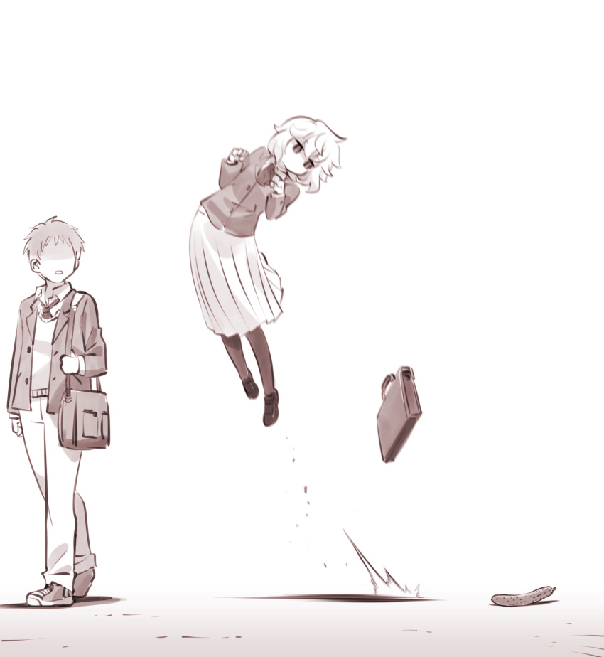 1boy, 1girl, absurdres, bag, blazer, bow, bowtie, cucumber