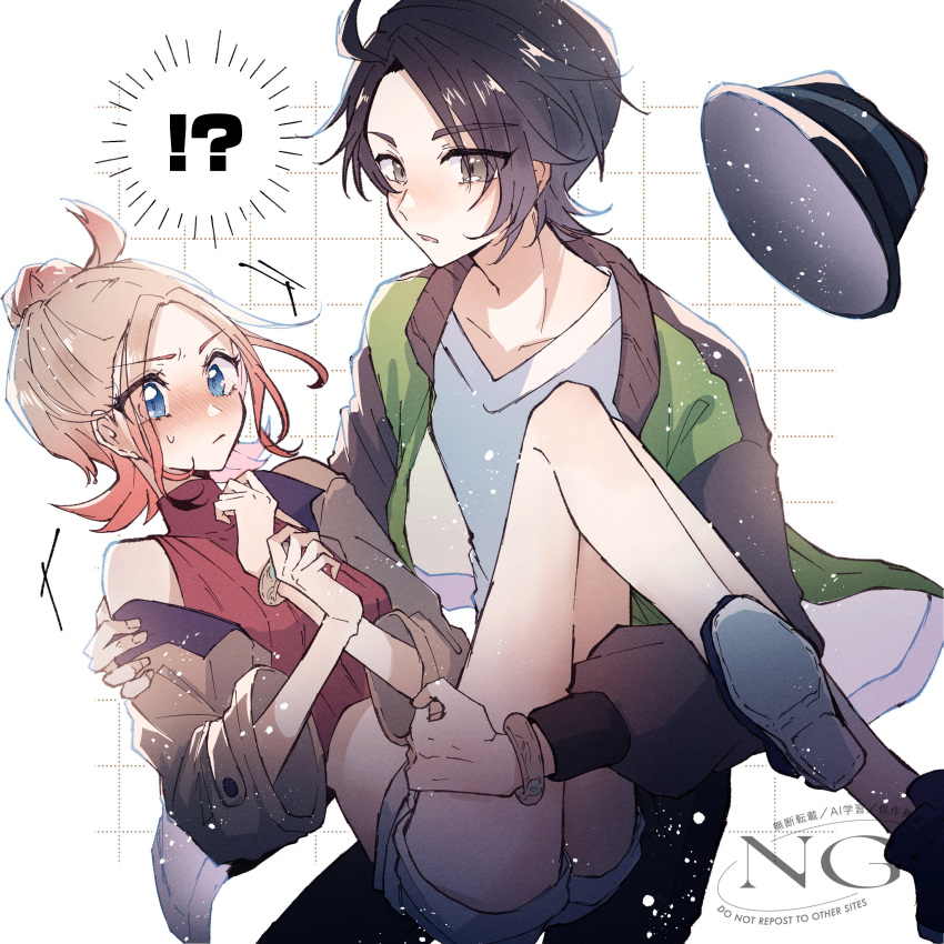 !?, 1boy, 1girl, absurdres, black_hair, black_hat, black_pants, blonde_hair