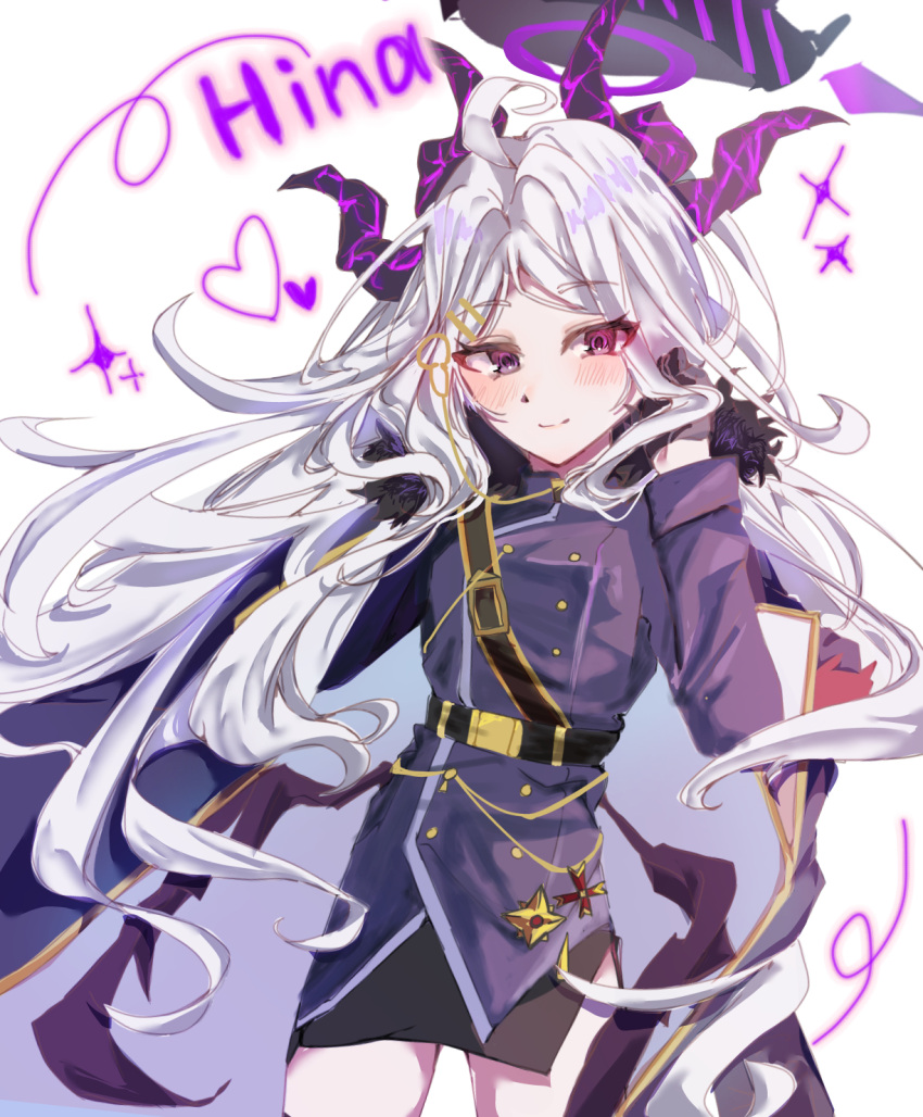 1girl, ahoge, armband, belt, black_belt, black_coat, black_halo, black_skirt, blue_archive, blush, breasts, character_name, coat, coat_on_shoulders, commentary_request, demon_girl, demon_horns, demon_wings, halo, highres, hina_(blue_archive), horns, long_hair, looking_at_viewer, low_wings, red_armband, samejima, skirt, small_breasts, solo, sparkle, standing, very_long_hair, violet_eyes, white_hair, wings