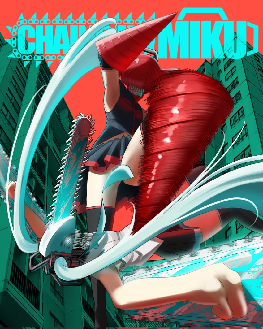 2girls, aqua_hair, bow, building, chainsaw_man, commentary, detached_sleeves, drill, drill_hand, english_commentary, falling, from_below, hatsune_miku, highres, joblessdodo, kasane_teto, kasane_teto_(utau), multiple_girls, parody, red_bow, sharp_teeth, sleeveless, teeth, title_parody, utau, vocaloid
