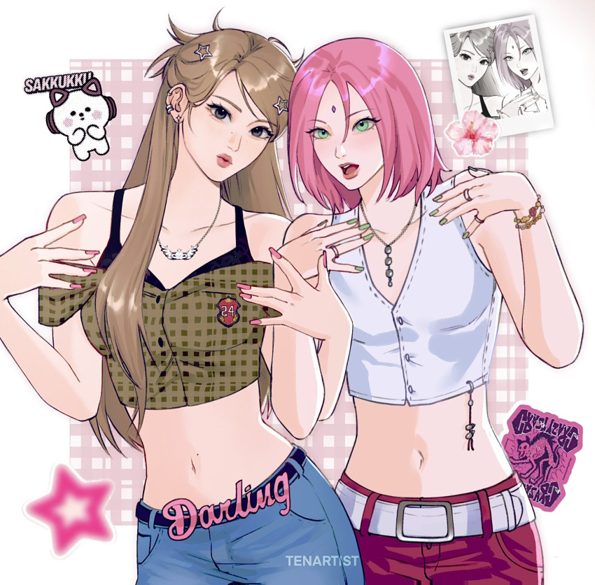 2girls, alternate_costume, artist_name, asian, badge, belt, black_belt, black_bra, black_eyes, blonde_hair, bob_cut, border, bra, bra_peek, bracelet, brown_shirt, closed_mouth, commentary, cowboy_shot, crazy_(le_sserafim), crop_top, denim, ear_piercing, earrings, english_commentary, eyelashes, fashion, flower, flower_sticker, folded_hair, gingham_background, gingham_shirt, gold_bracelet, green_eyes, green_nails, hair_between_eyes, hair_ornament, half_updo, hands_up, haruno_sakura, heads_together, hibiscus, highres, jeans, jewelry, k-pop, le_sserafim, light_leak, lipgloss, locked_arms, long_hair, looking_at_viewer, mascot, midriff, miyawaki_sakura, mole, mole_on_nose, multiple_girls, multiple_rings, naruto_(series), navel, necklace, off-shoulder_shirt, off_shoulder, open_hands, open_mouth, outside_border, pants, parted_hair, photo_(object), piercing, pink_background, pink_nails, polaroid_photo, red_pants, ribbon-trimmed_vest, ring, shirt, silver_earrings, silver_ring, star_(symbol), star_earrings, star_hair_ornament, star_sticker, sticker, straight_hair, swept_bangs, teeth, tenartistt, tongue, two-tone_background, underwear, upper_teeth_only, vest, vivienne_westwood, watermark, white_belt, white_border, white_vest, y2k_fashion
