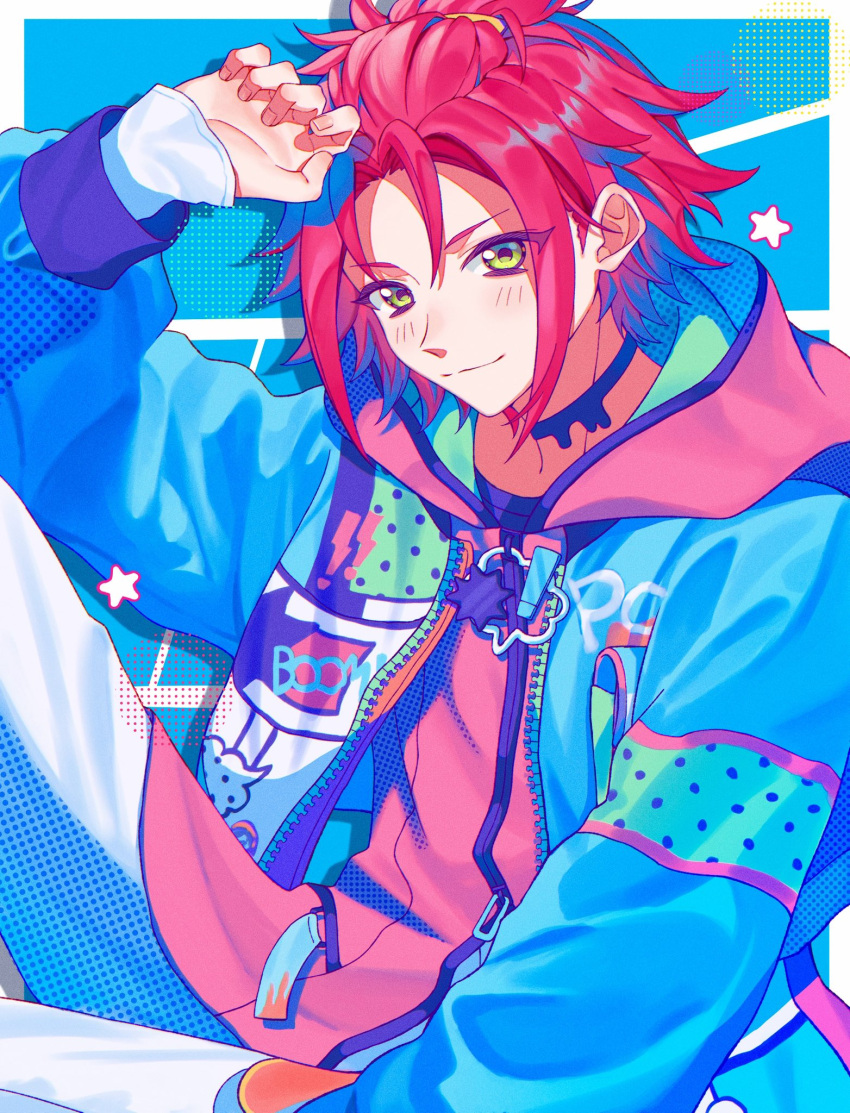 1boy, arm_up, bangs_pinned_back, closed_mouth, commentary_request, ensemble_stars!, eyes_visible_through_hair, fingernails, green_eyes, highres, isara_mao, jacket, kurokkan, long_sleeves, looking_at_viewer, male_focus, manga_club_(ensemble_stars!), official_alternate_costume, open_clothes, open_jacket, red_hair, short_hair, smile, solo, split_mouth, star_(symbol), zipper