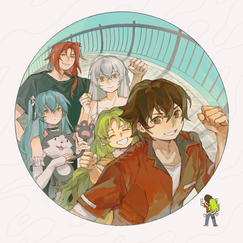 2boys, 3girls, ao_no_kiseki, blue_hair, brown_hair, eiyuu_densetsu, elie_macdowell, group_picture